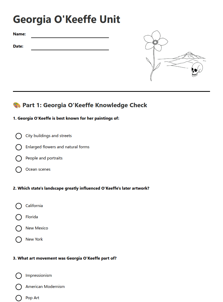 Georgia O'Keeffe Unit worksheet preview