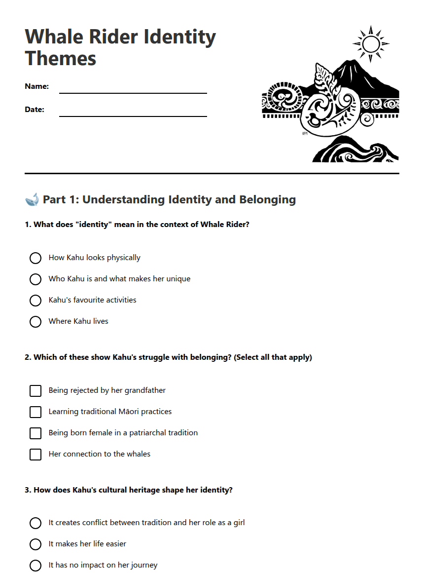 Whale Rider Identity Themes worksheet preview