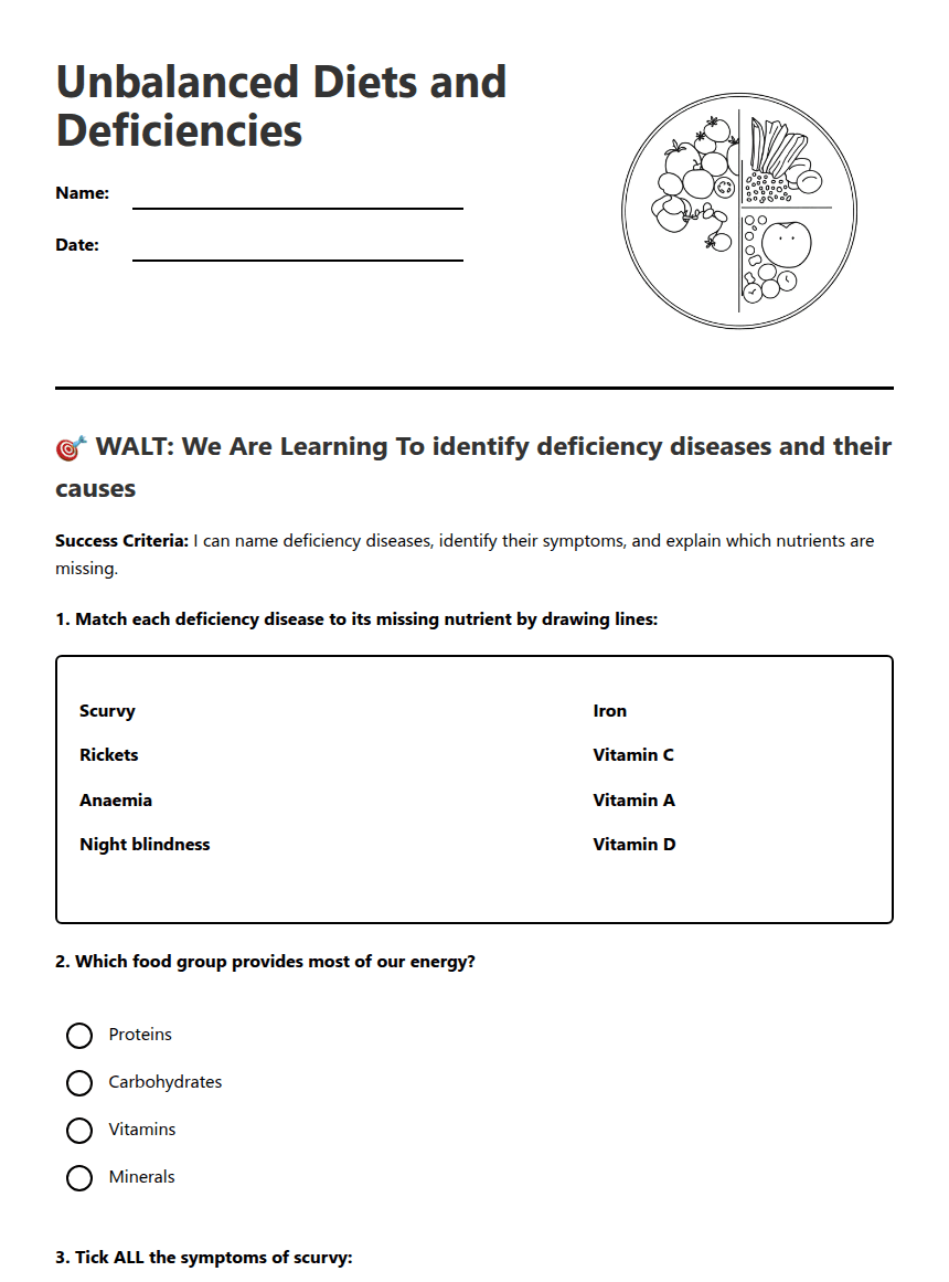 Unbalanced Diets and Deficiencies worksheet preview