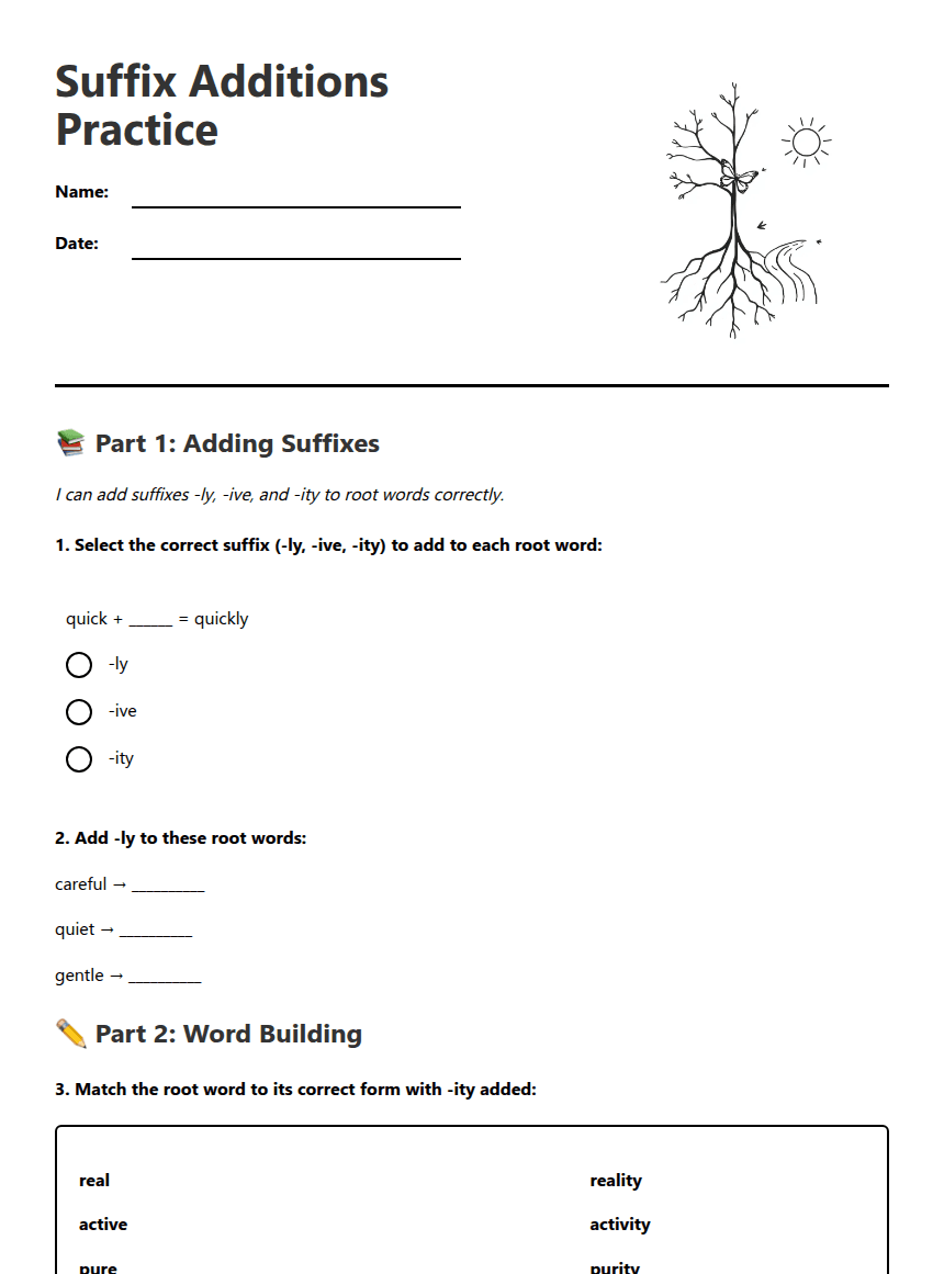 Suffix Additions Practice worksheet preview