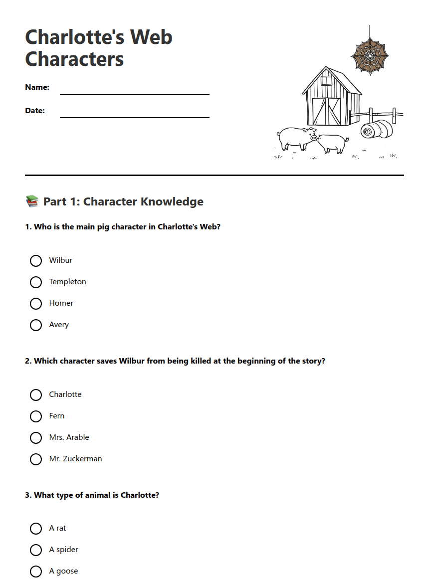 Charlotte's Web Characters worksheet preview