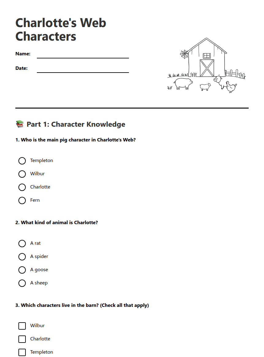 Charlotte's Web Characters worksheet preview