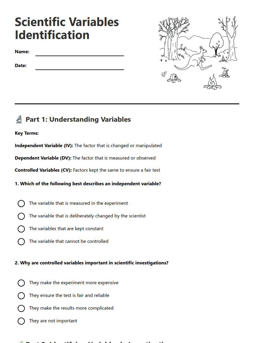Scientific Variables Identification worksheet preview