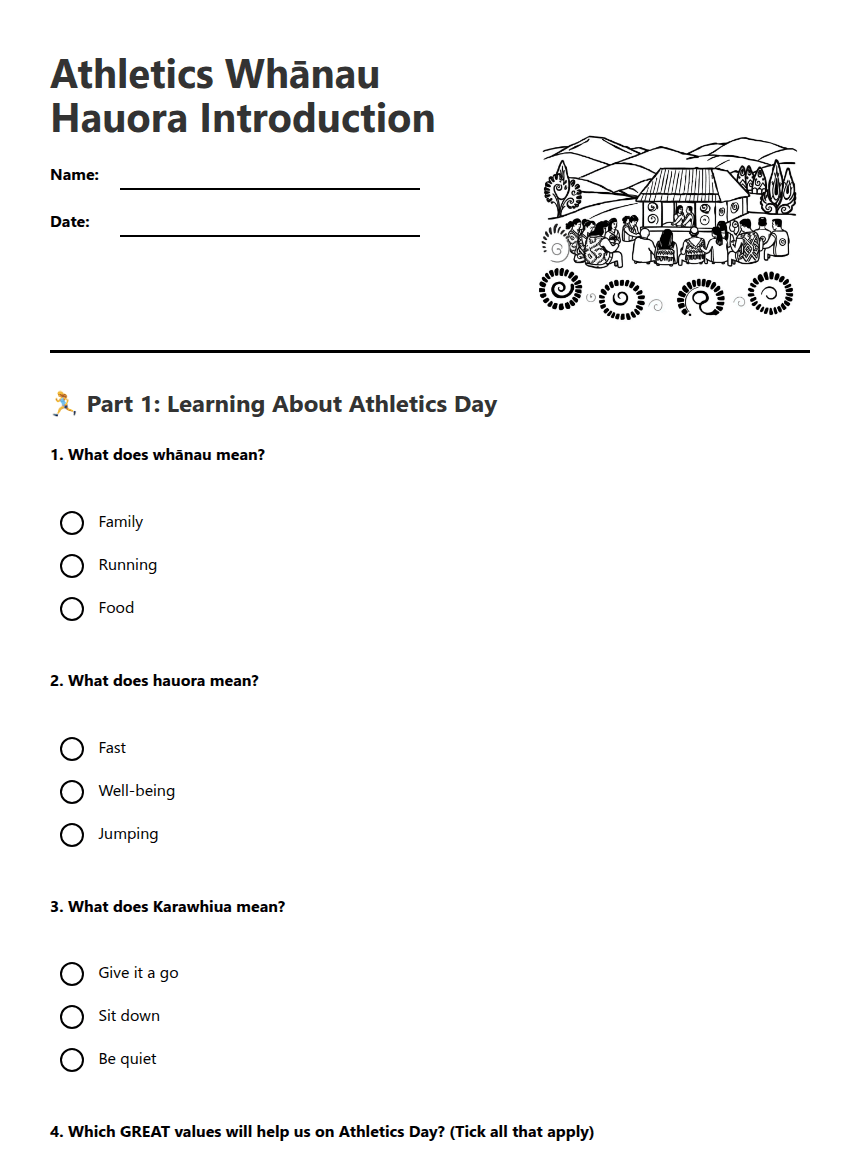 Athletics Whānau Hauora Introduction worksheet preview