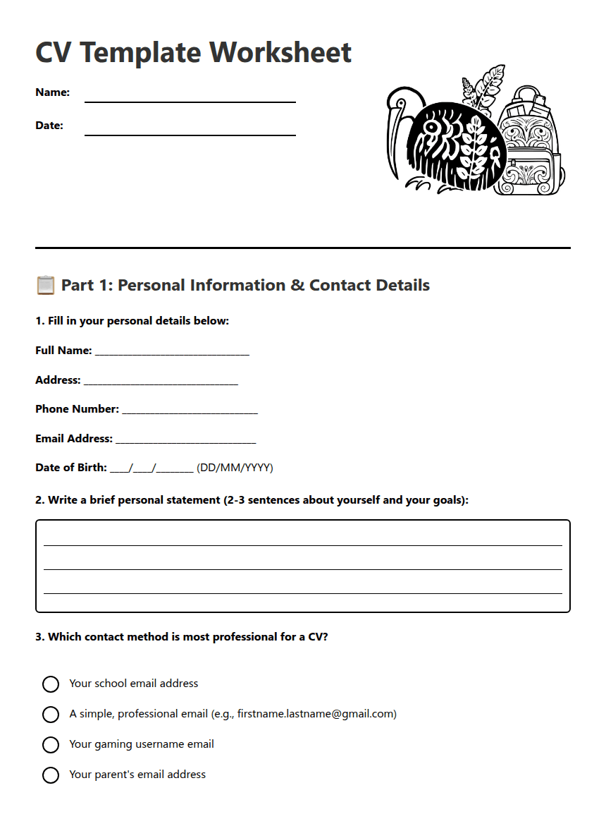 CV Template Worksheet worksheet preview