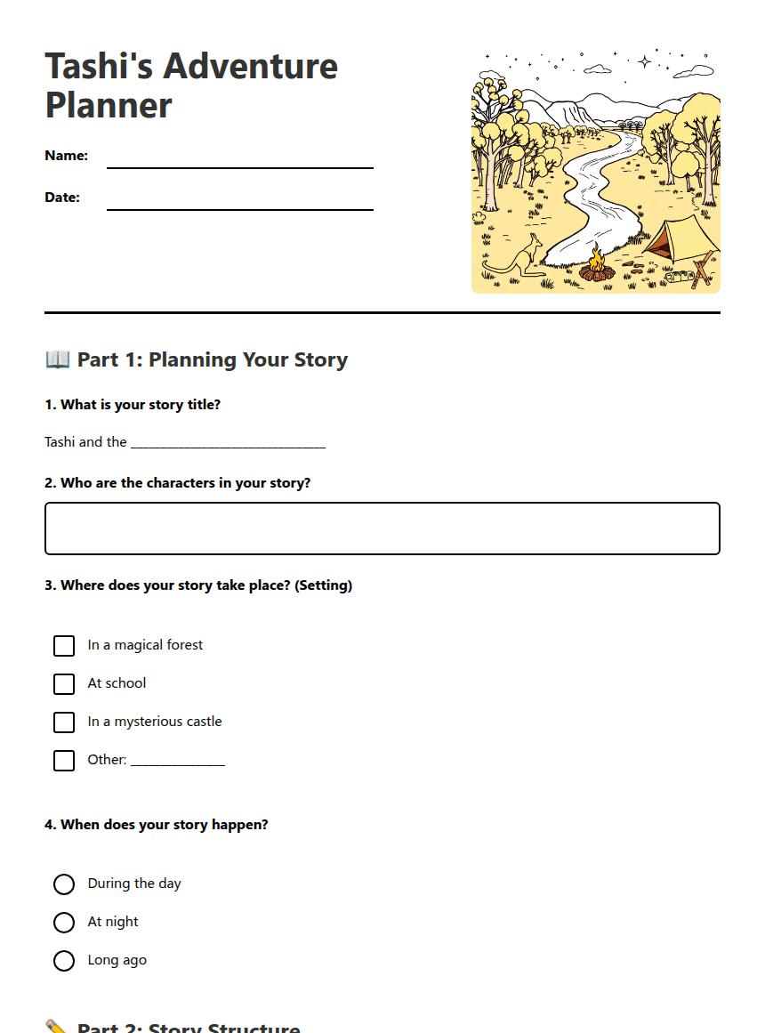 Tashi's Adventure Planner worksheet preview