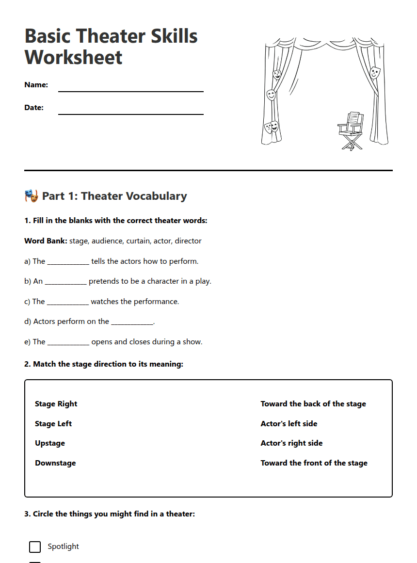 Basic Theater Skills Worksheet worksheet preview