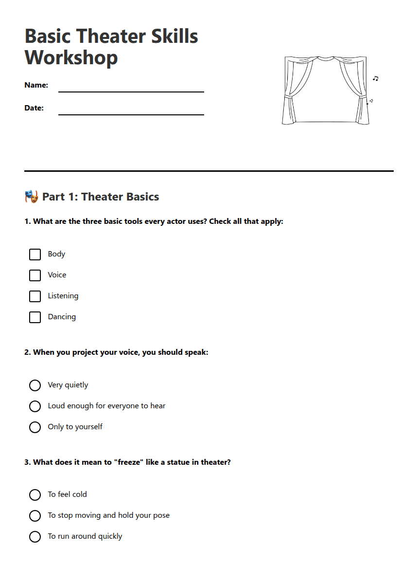 Basic Theater Skills Workshop worksheet preview