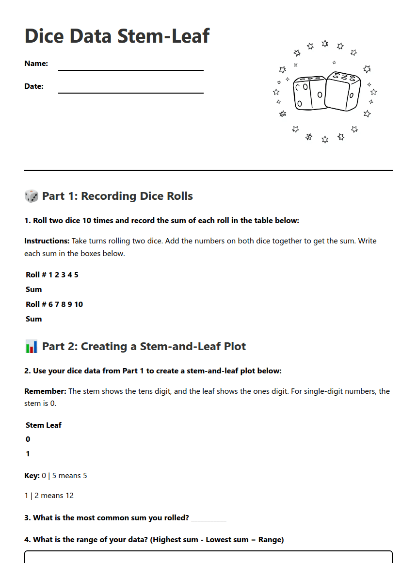 Dice Data Stem-Leaf worksheet preview