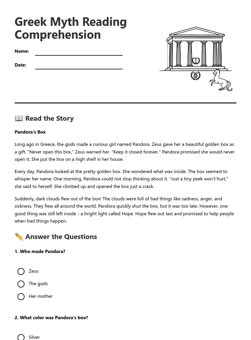 Greek Myth Reading Comprehension