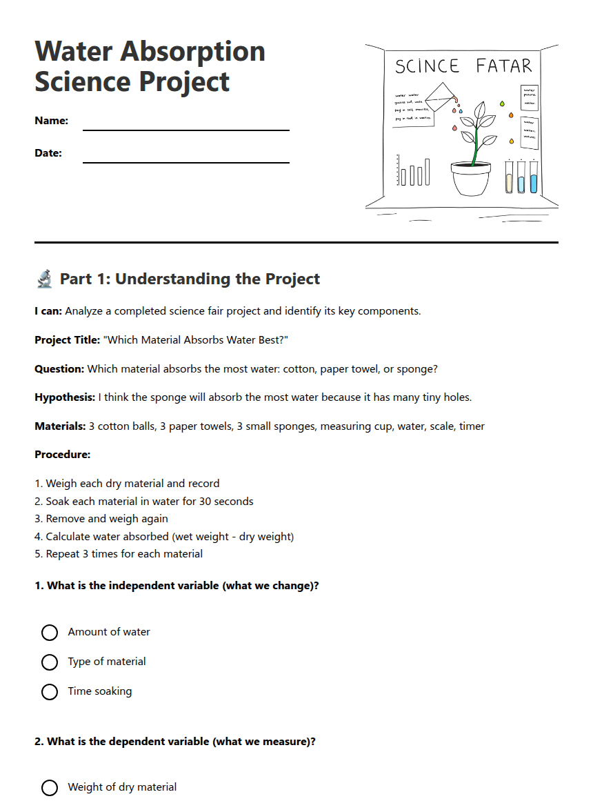 Water Absorption Science Project worksheet preview