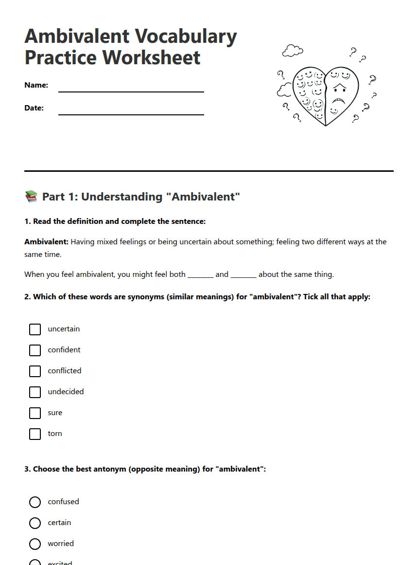 Ambivalent Vocabulary Practice Worksheet worksheet preview