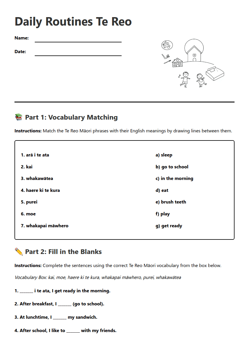 Daily Routines Te Reo worksheet preview