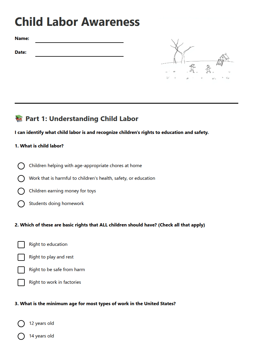 Child Labor Awareness worksheet preview