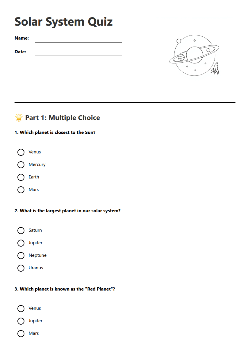 Solar System Quiz worksheet preview