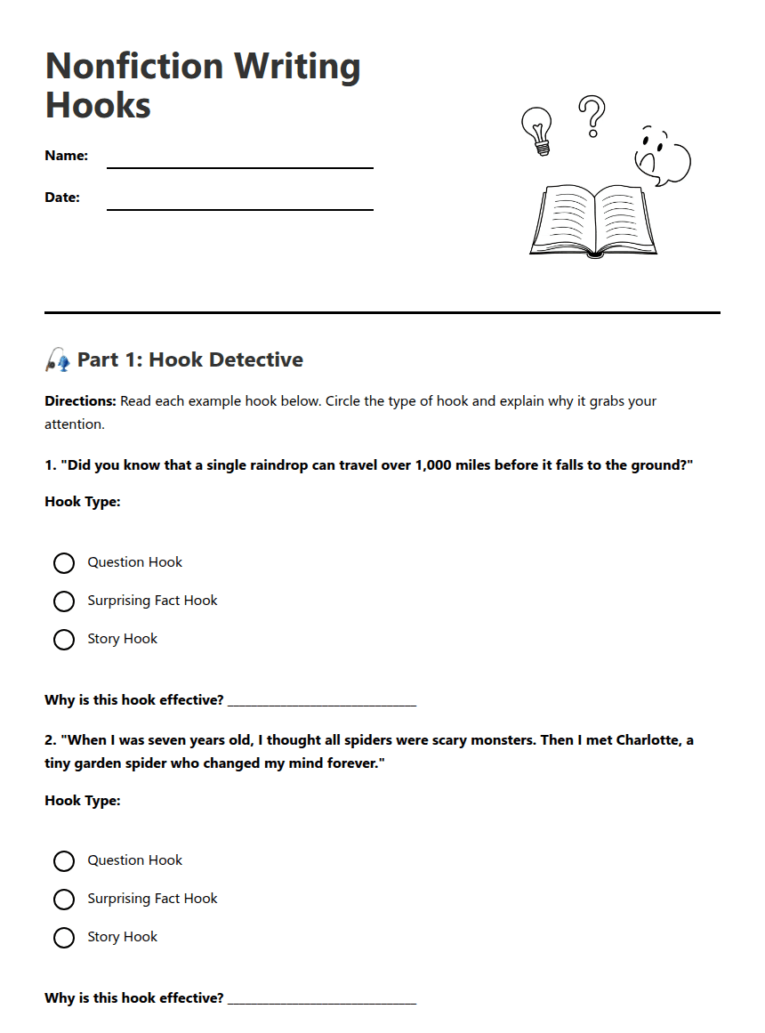 Nonfiction Writing Hooks worksheet preview