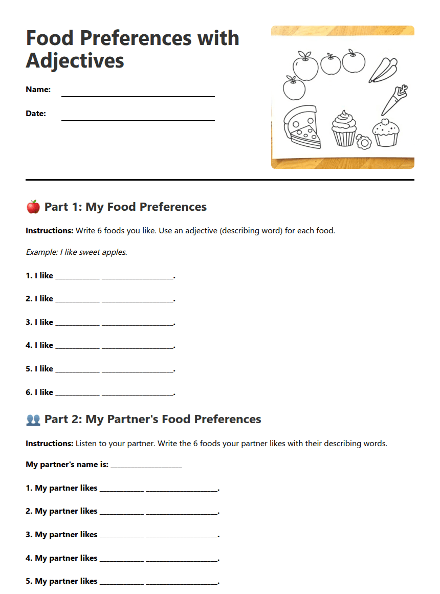 Food Preferences with Adjectives worksheet preview