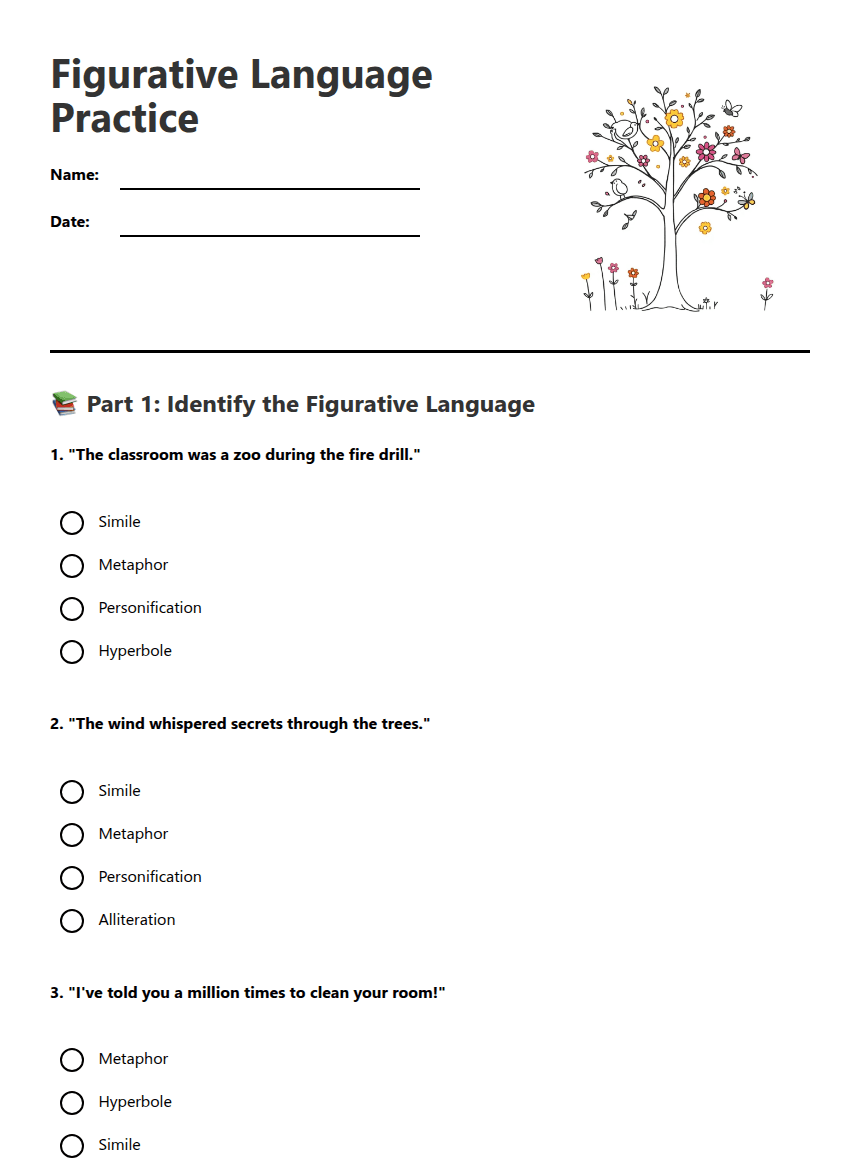 Figurative Language Practice worksheet preview