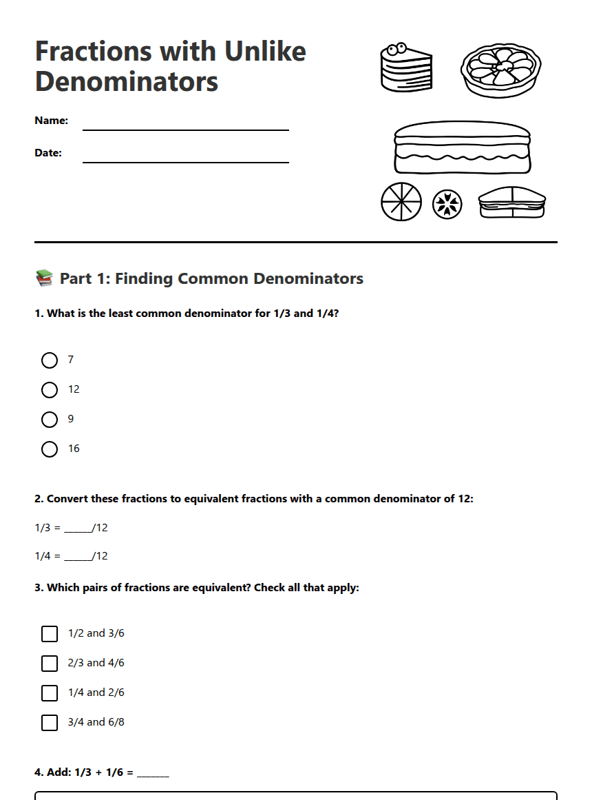 Fractions with Unlike Denominators worksheet preview