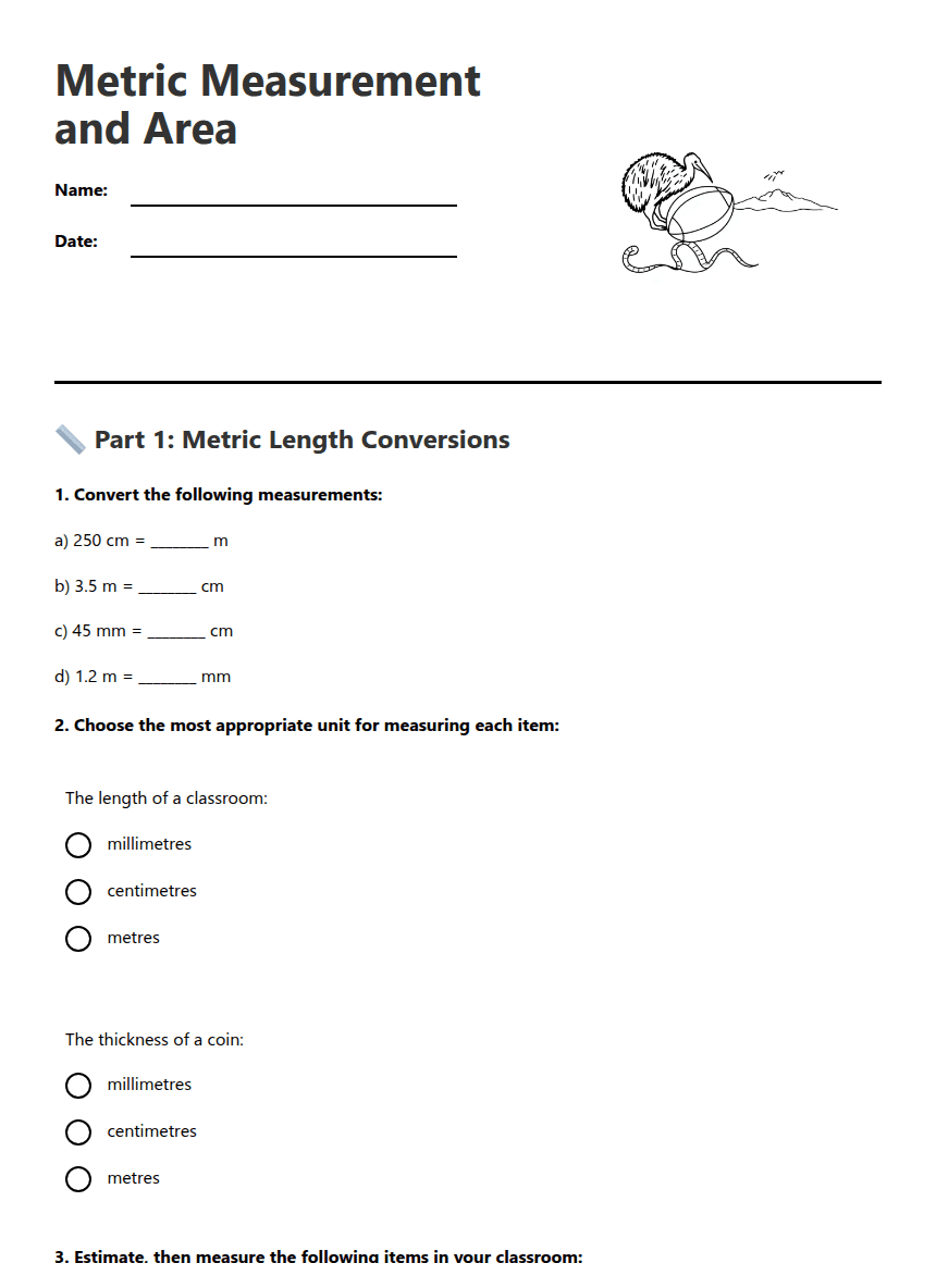 Metric Measurement and Area worksheet preview