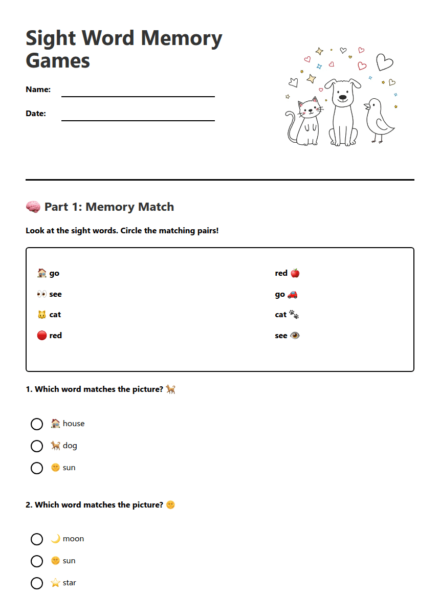 Sight Word Memory Games worksheet preview
