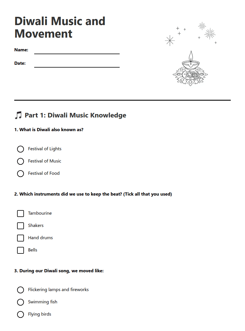 Diwali Music and Movement worksheet preview