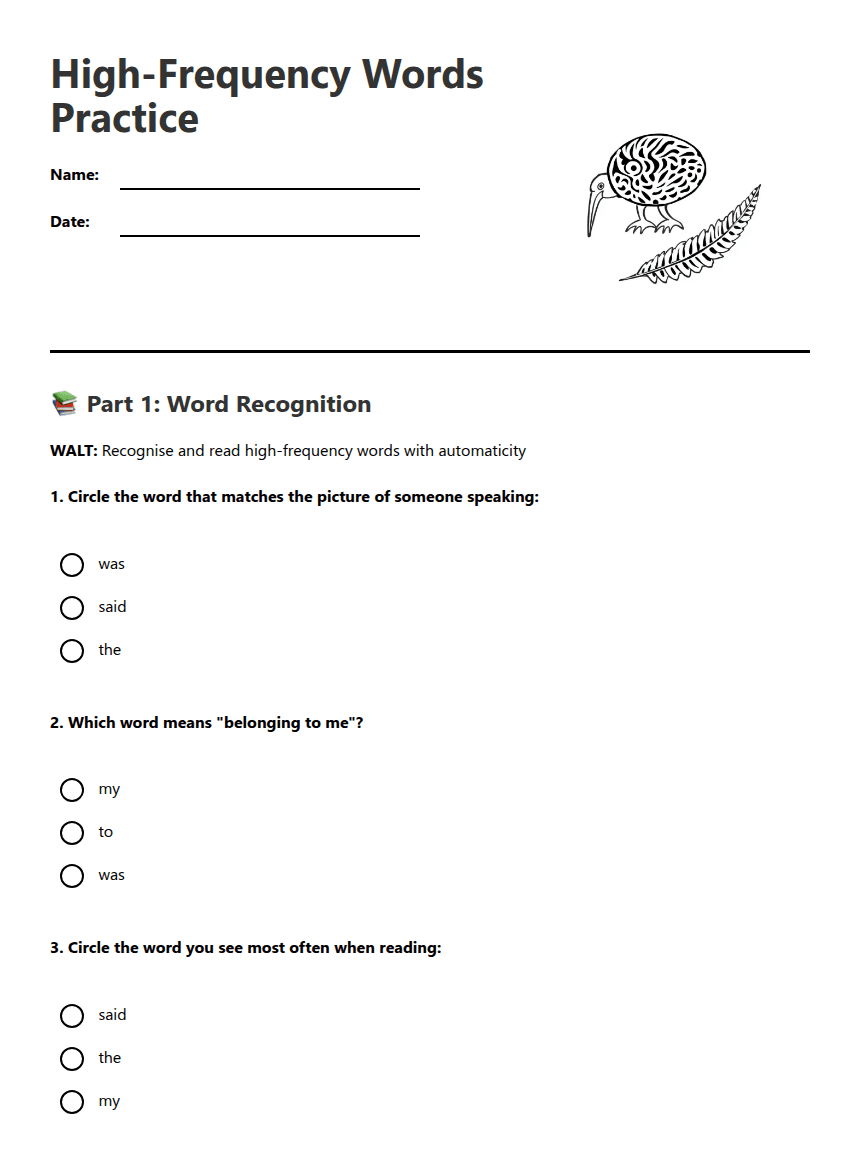 High-Frequency Words Practice worksheet preview