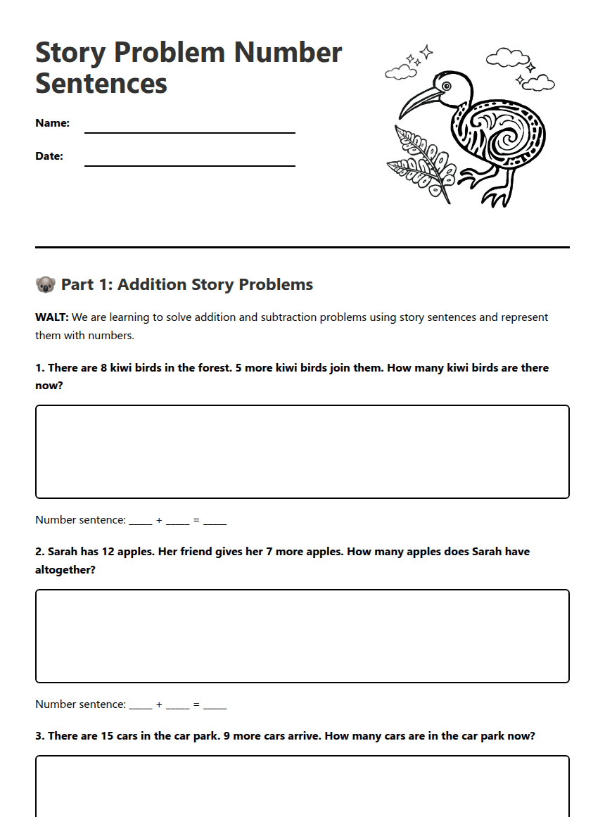Story Problem Number Sentences worksheet preview