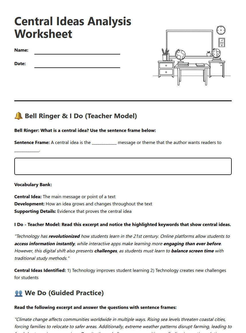 Central Ideas Analysis Worksheet worksheet preview