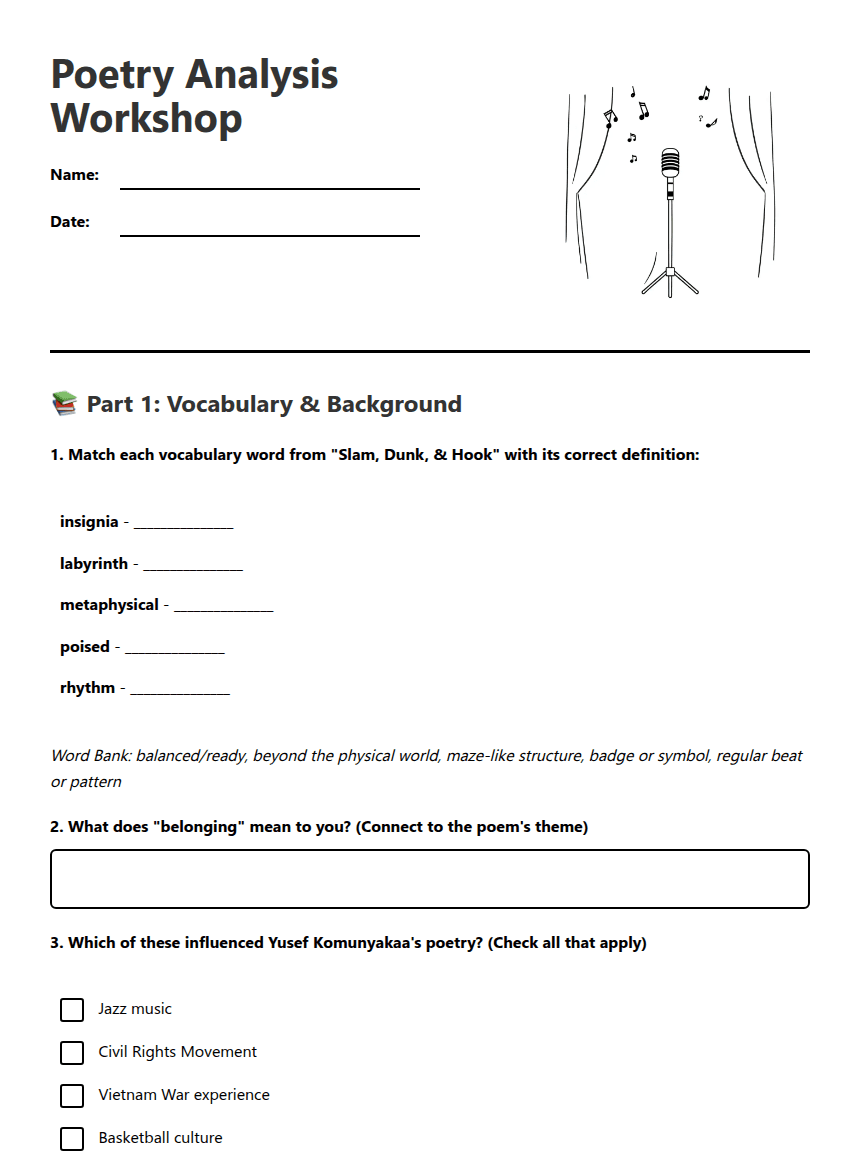 Poetry Analysis Workshop worksheet preview