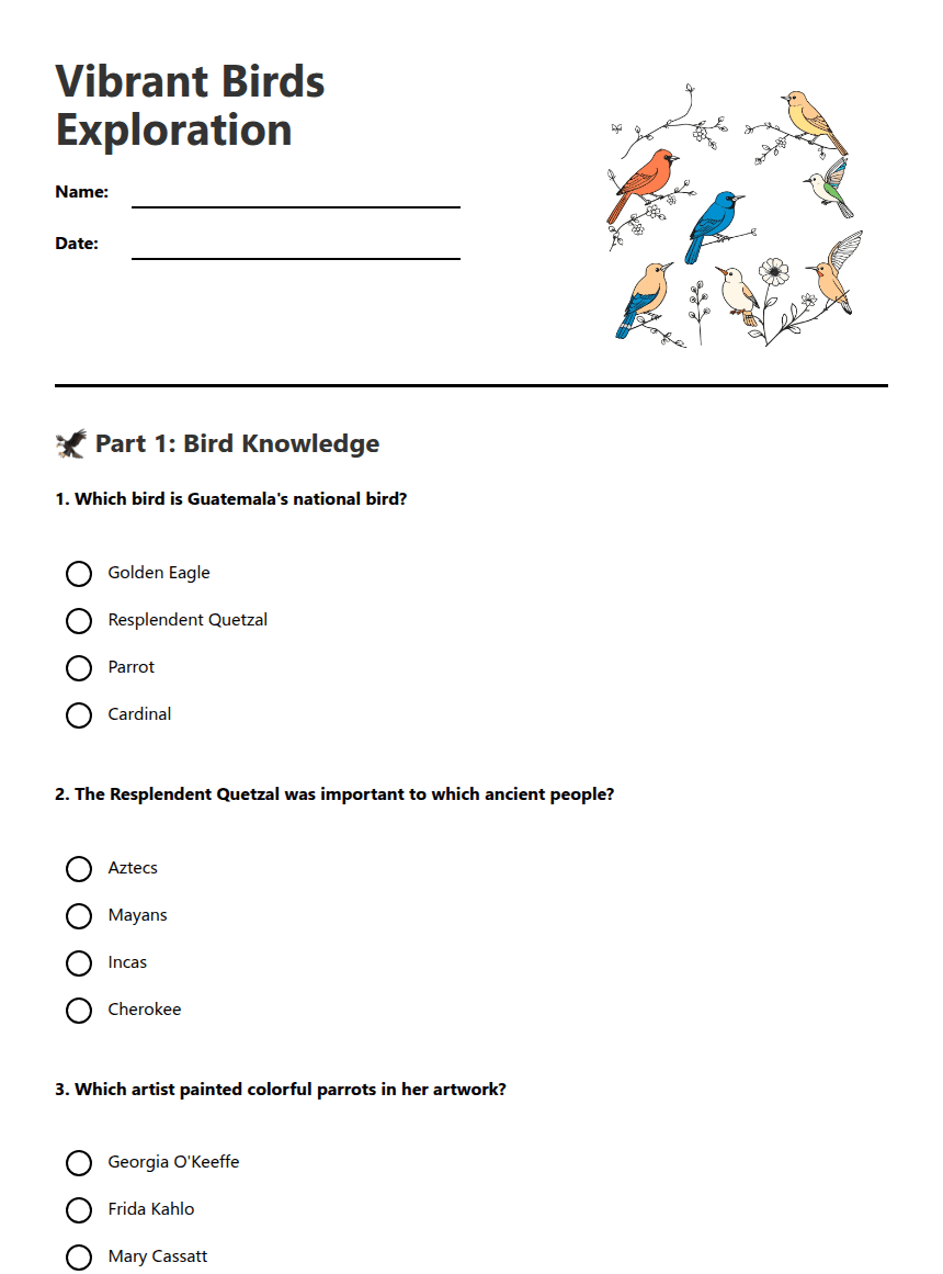 Vibrant Birds Exploration worksheet preview