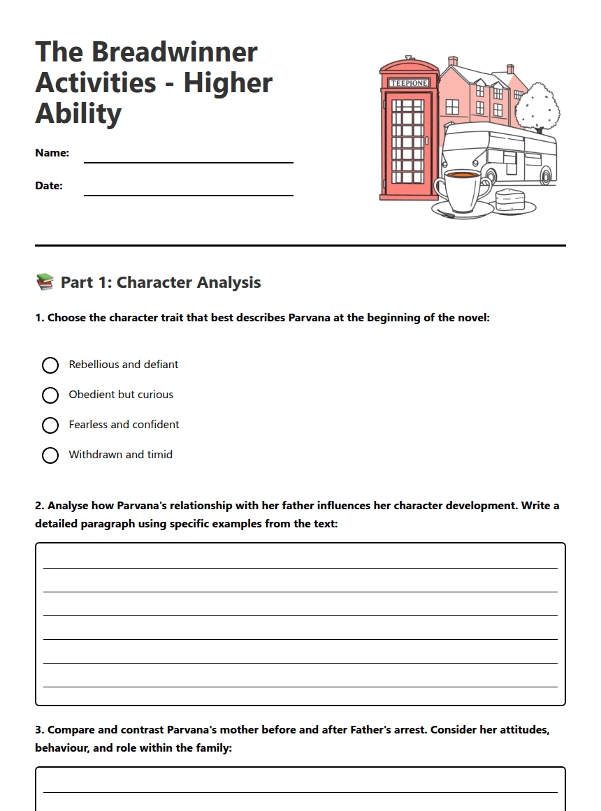 The Breadwinner Activities worksheet preview