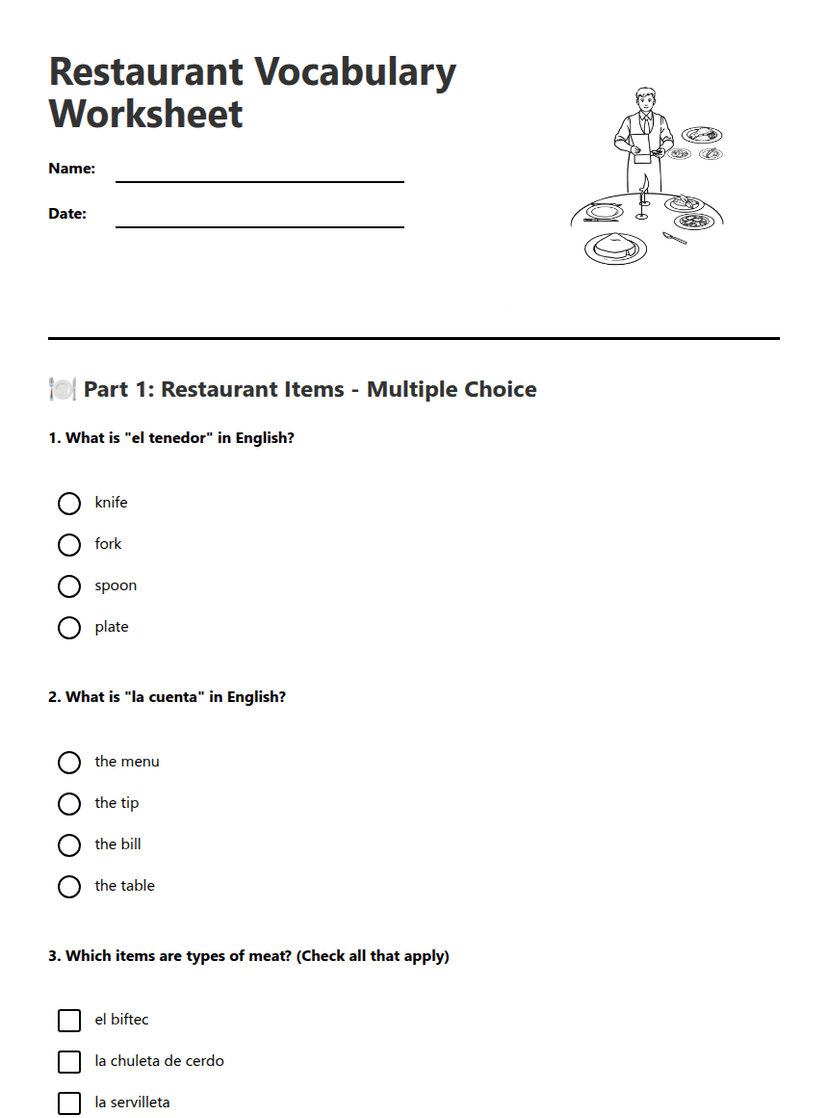 Restaurant Vocabulary Worksheet
