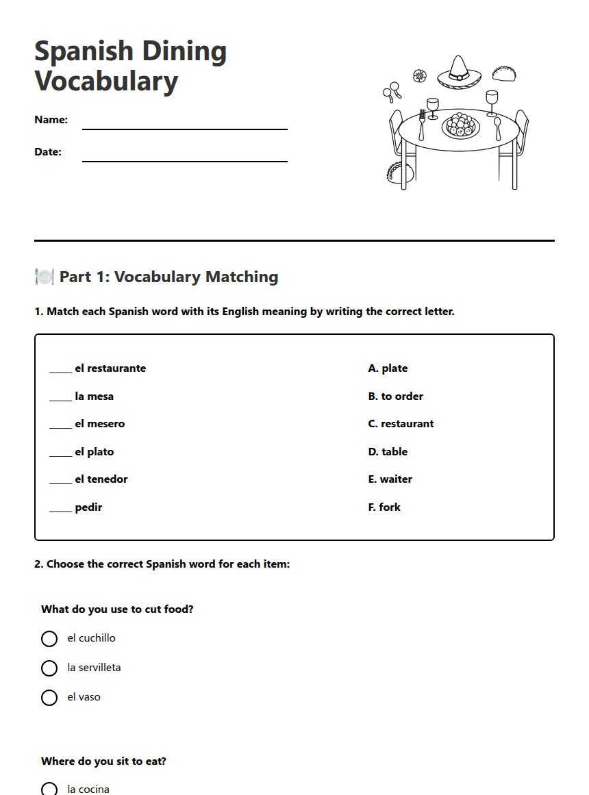 Spanish Dining Vocabulary worksheet preview