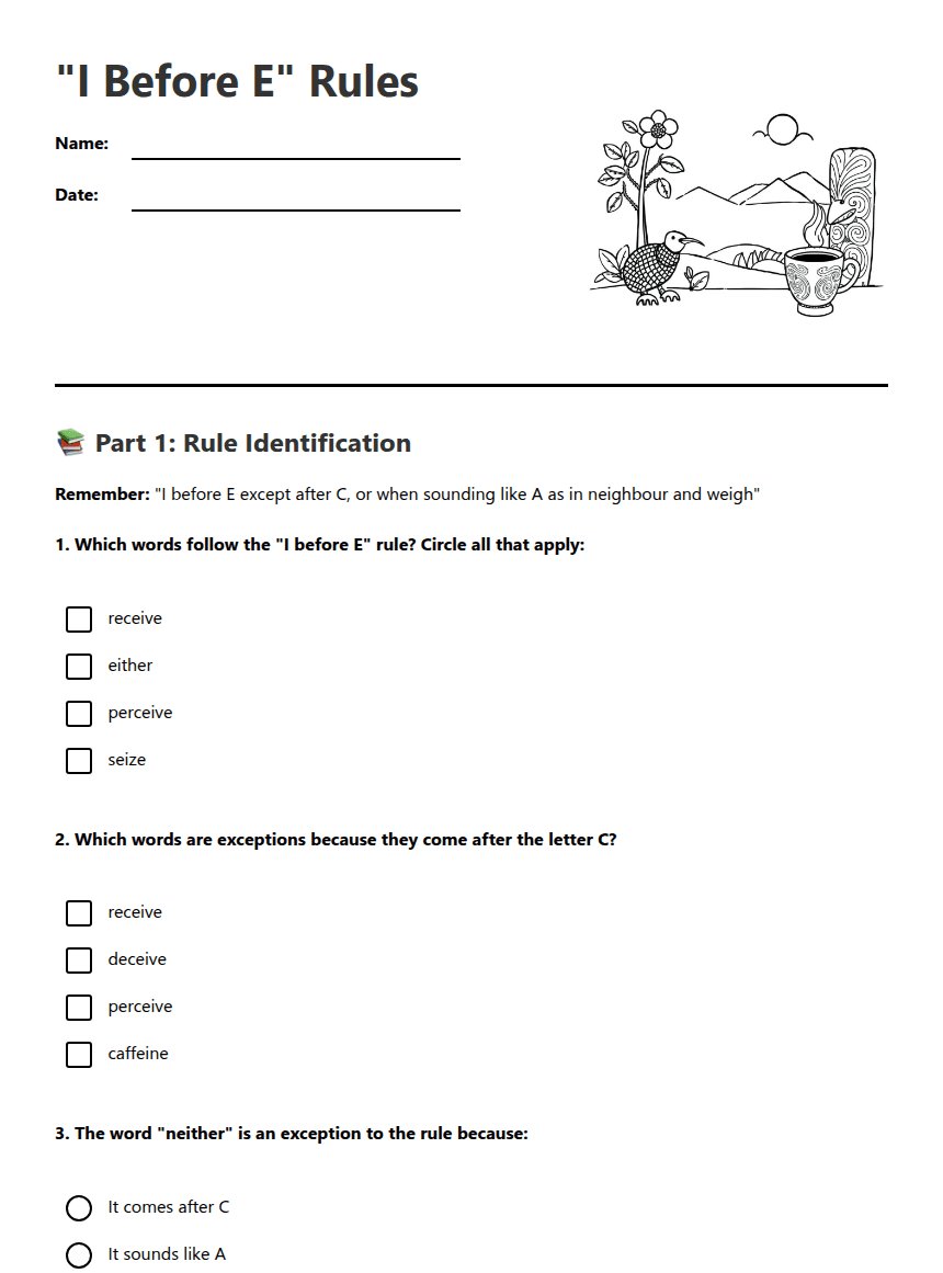 "I Before E" Rules worksheet preview