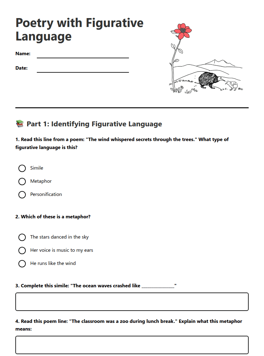 Poetry with Figurative Language worksheet preview