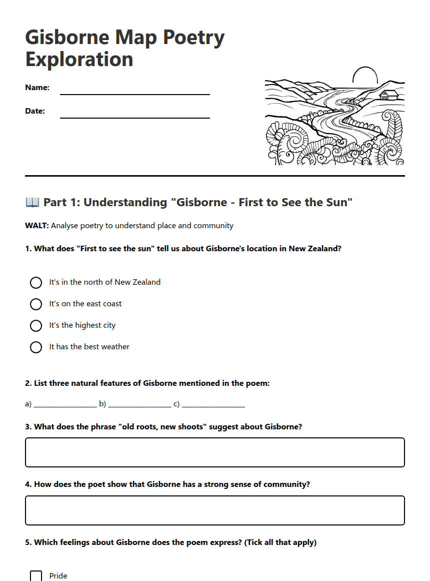Gisborne Map Poetry Exploration worksheet preview