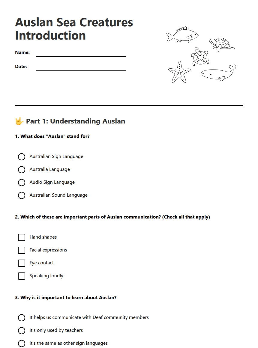 Auslan Sea Creatures Introduction worksheet preview