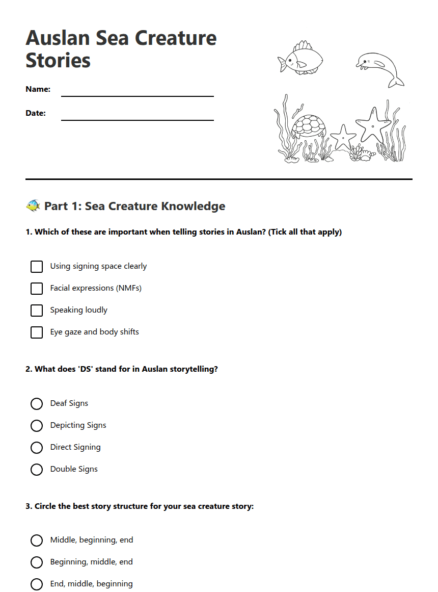 Auslan Sea Creature Stories worksheet preview