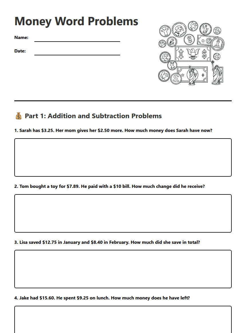 Money Word Problems worksheet preview