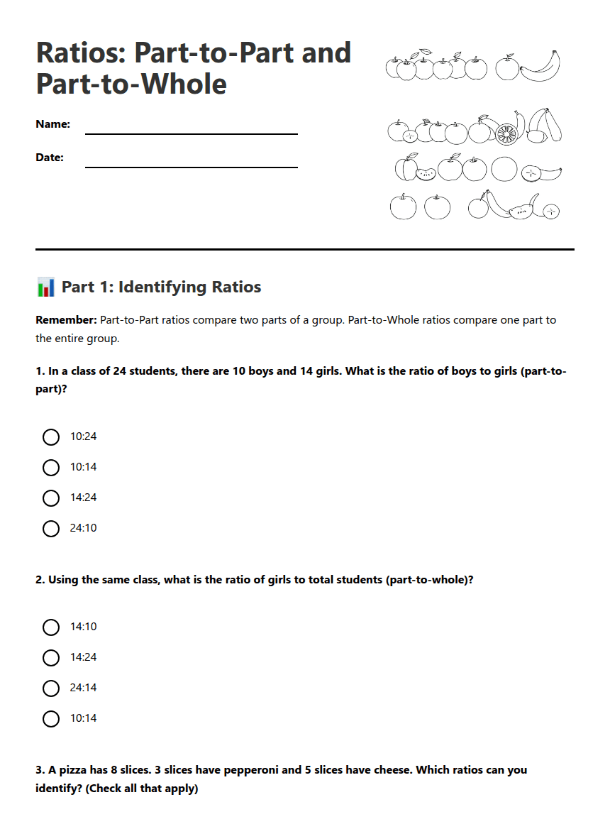 Ratios: Part-to-Part and Part-to-Whole worksheet preview