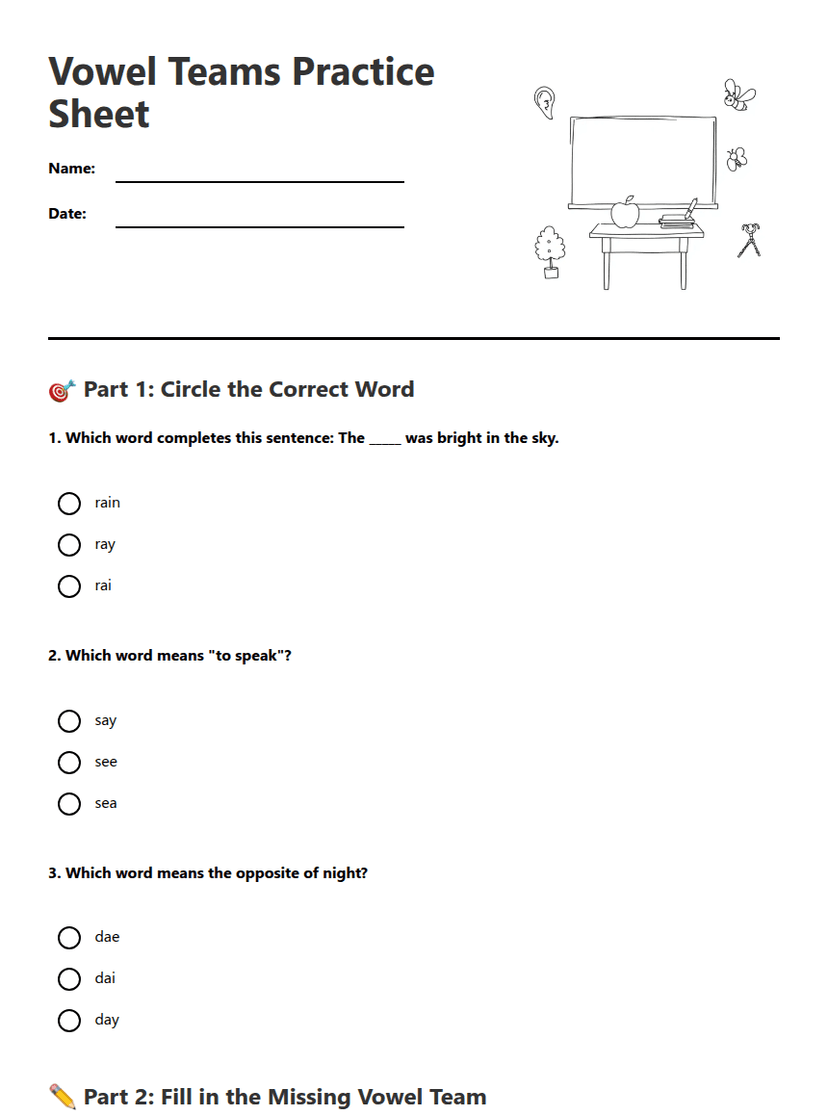 Vowel Teams Practice Sheet