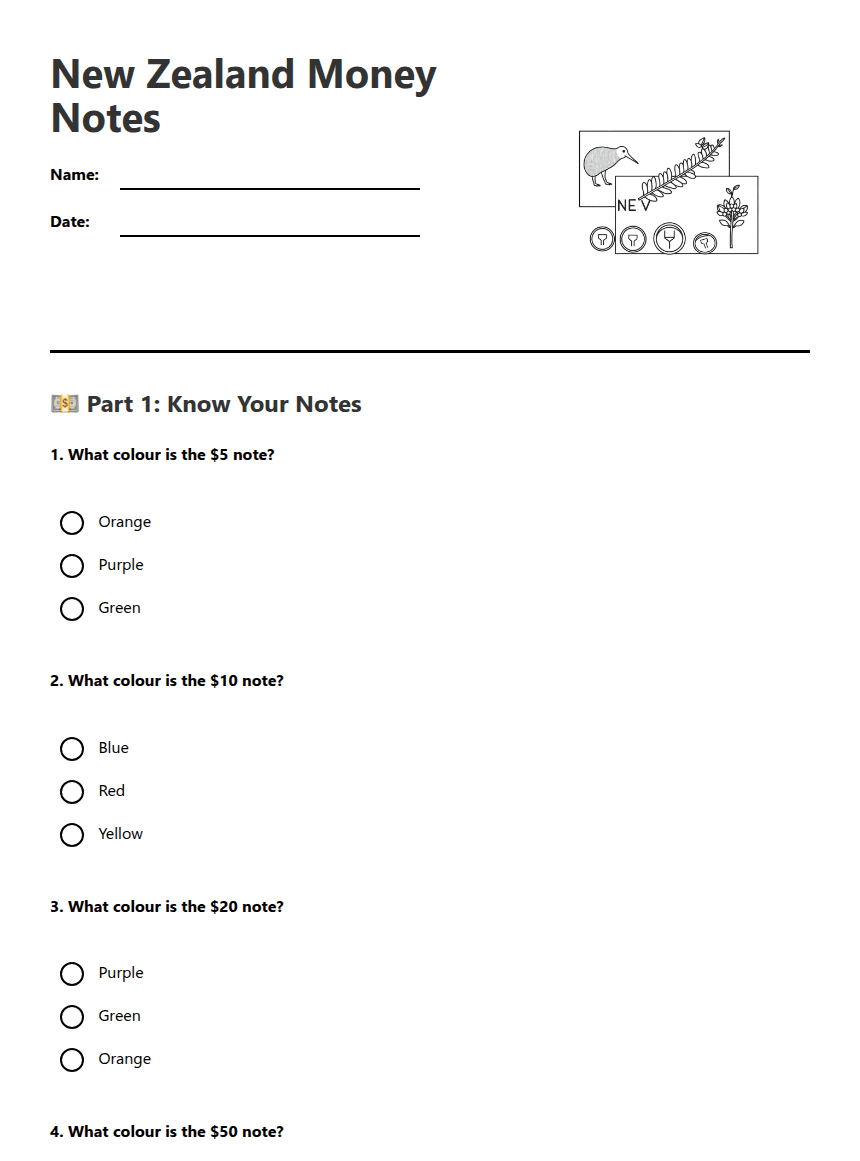 New Zealand Money Notes worksheet preview