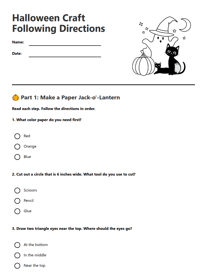 Halloween Craft Following Directions worksheet preview