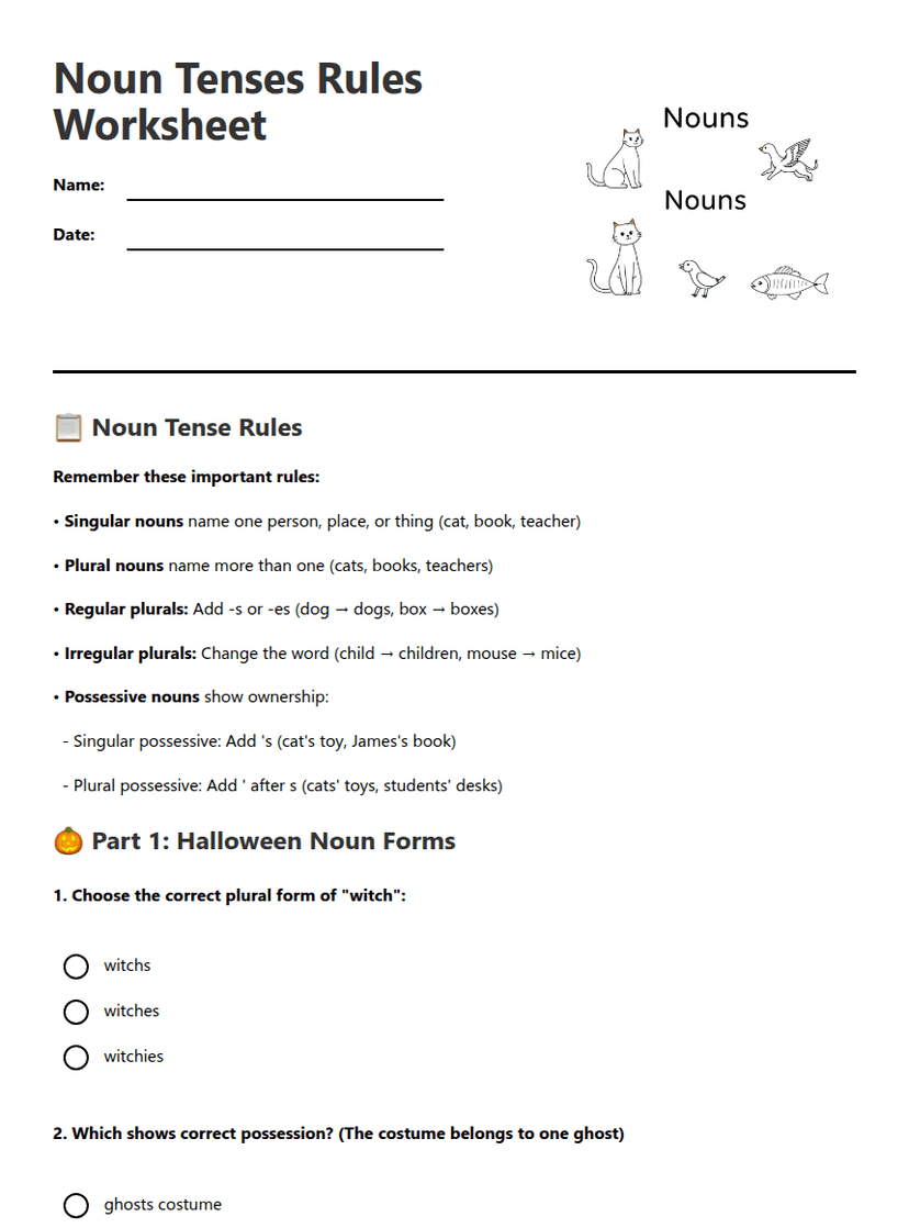 Noun Tenses Rules Worksheet