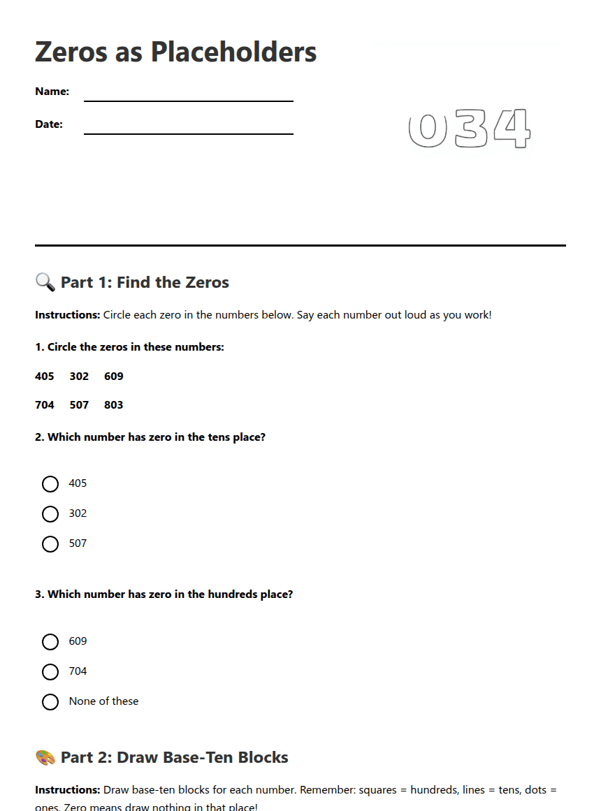 Zeros as Placeholders worksheet preview