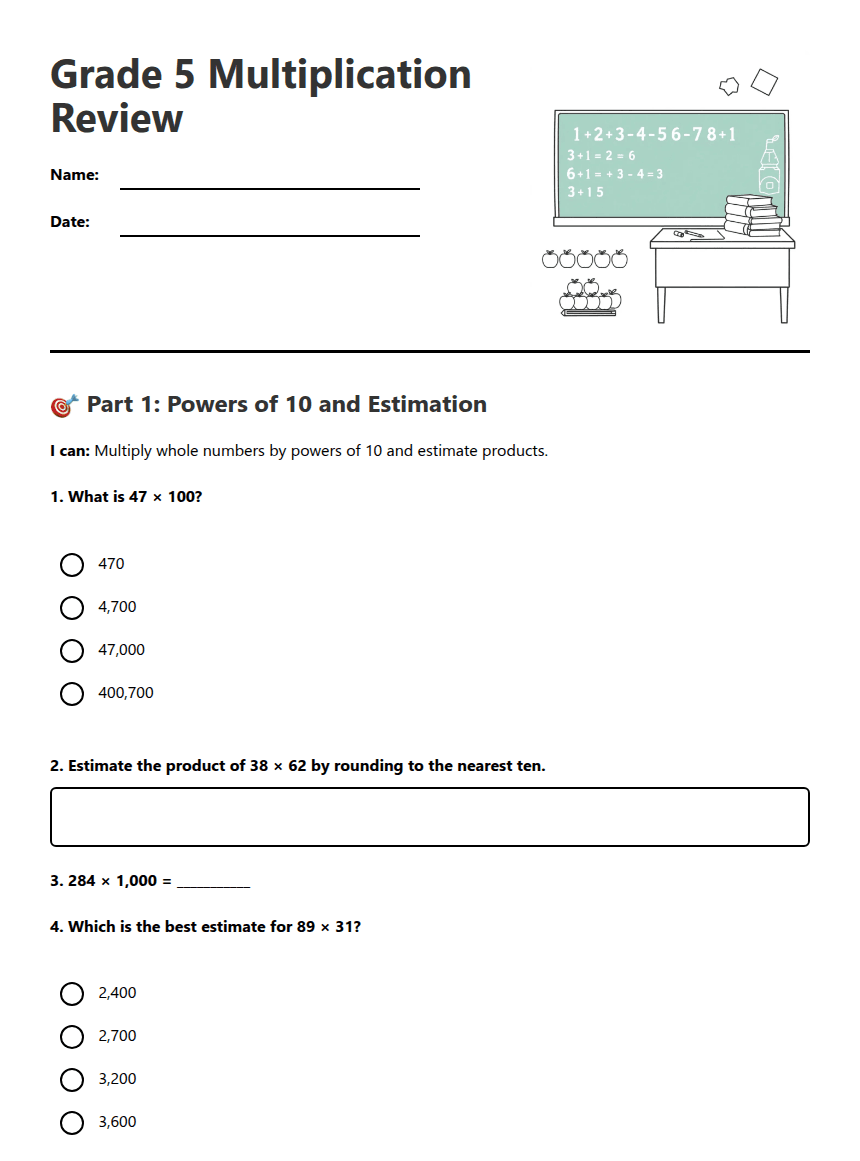 Grade 5 Multiplication Review worksheet preview
