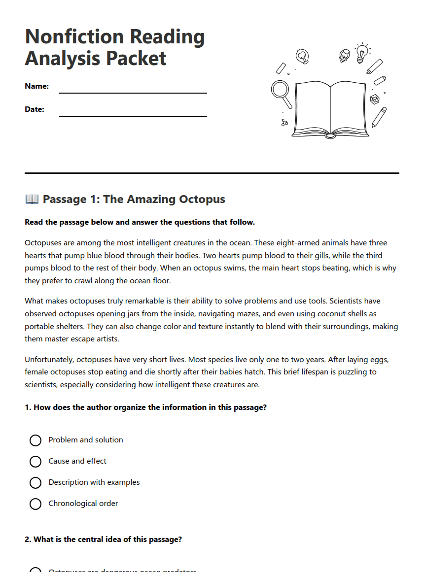 Nonfiction Reading Analysis Packet worksheet preview