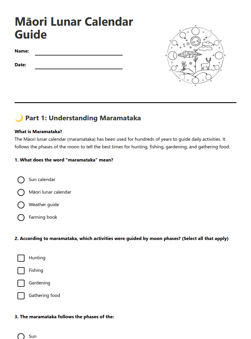 Māori Lunar Calendar Guide worksheet preview