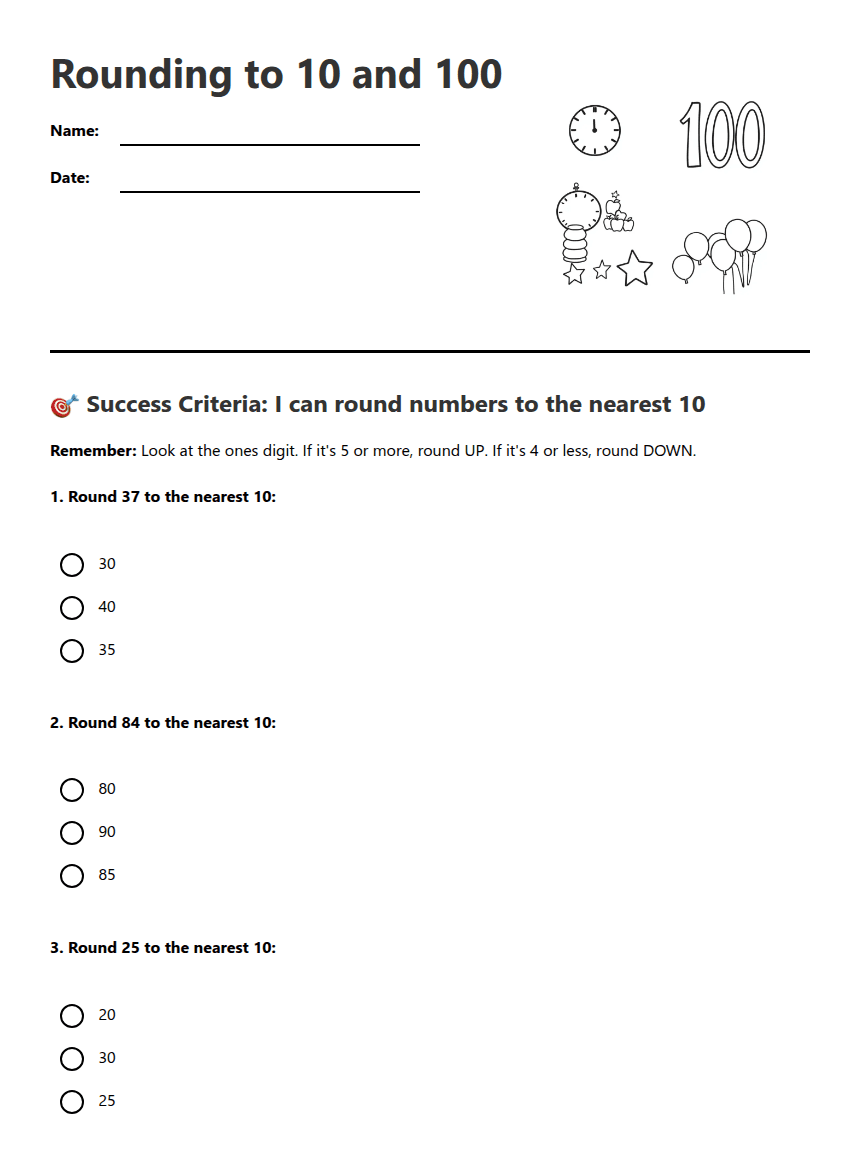 Rounding to 10 and 100 worksheet preview
